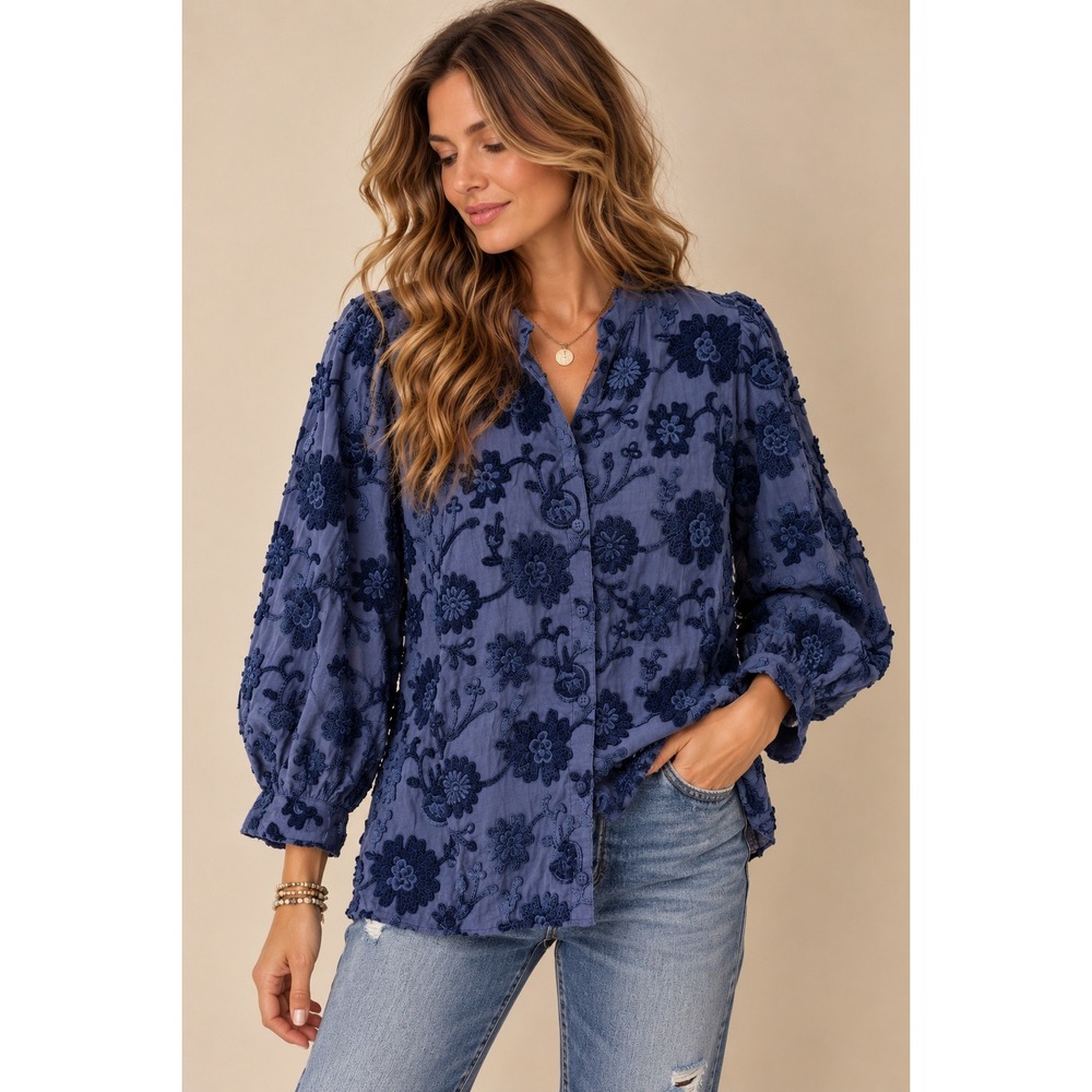 Pilcro Women Blouse M Blue Embroidered Floral Button Down Balloon Sleeve Boho